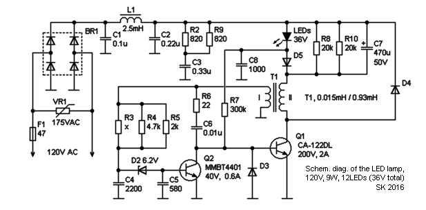 Converter to power LEDs from AC. Schematic diagram. Dollar Store.