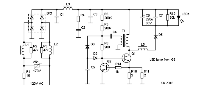 Converter to power LEDs from AC. Schematic diagram. GE.