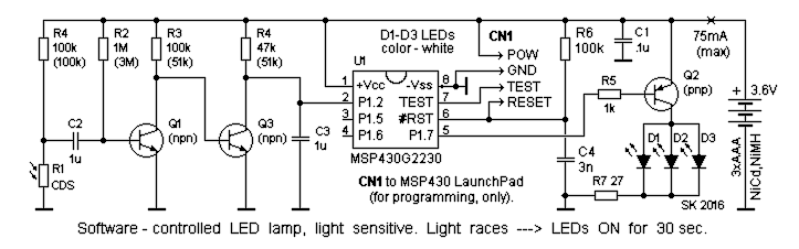 Schematic, LED light, MSP430 based.